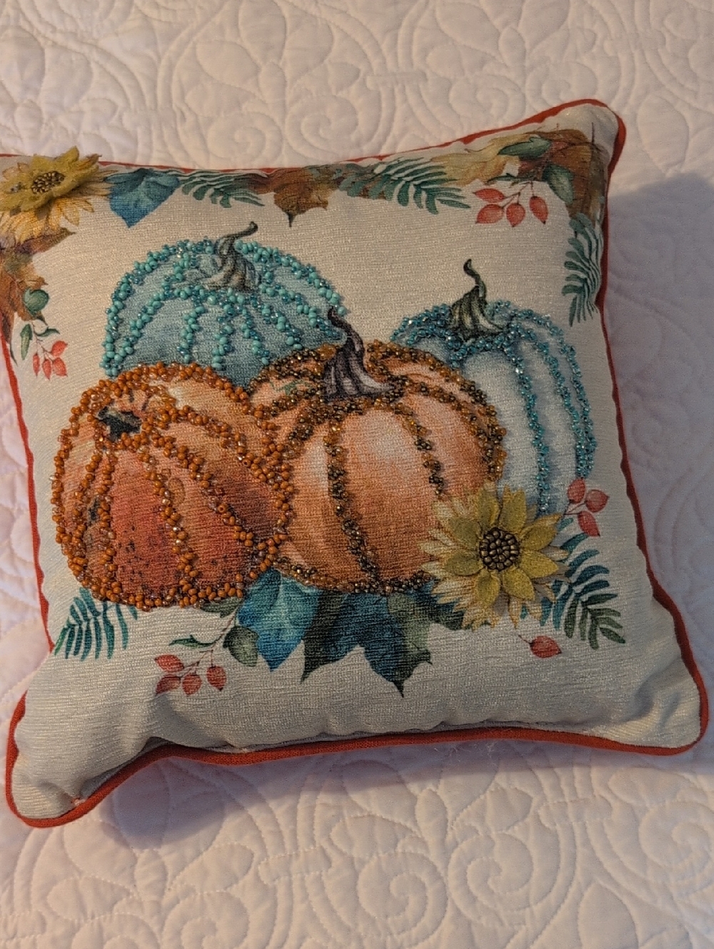 Embroidered Pumpkin Fall Accent Pillow - Orange & Teal